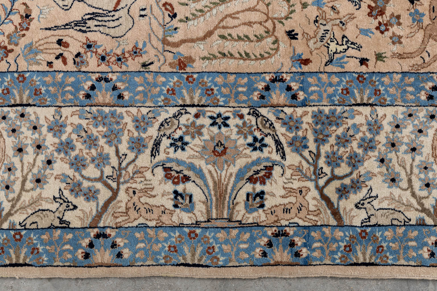 An Oriental hand-made carpet with a figurative decor, Silk, Nahin.  (W:147 x H:240 cm)