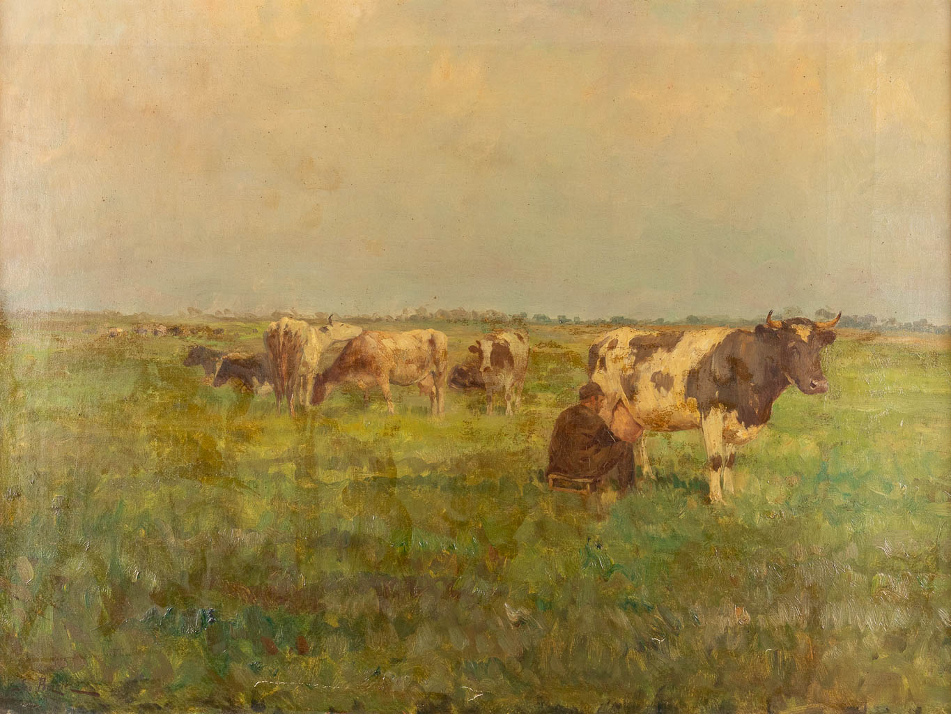 Géo BERNIER (1862-1918) 'Melken van de koe' olie op doek. (W:113 x H:85 cm)