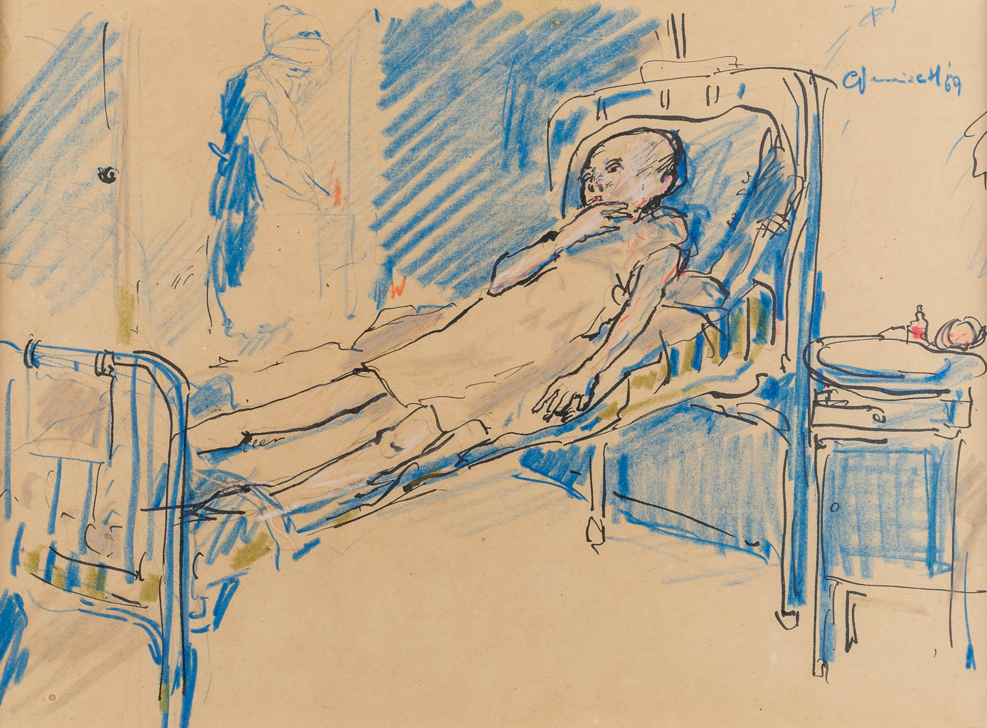 Godfried VERVISCH (1930-2014) 'ill in bed' a drawing on paper. (W:37 x H:27 cm)