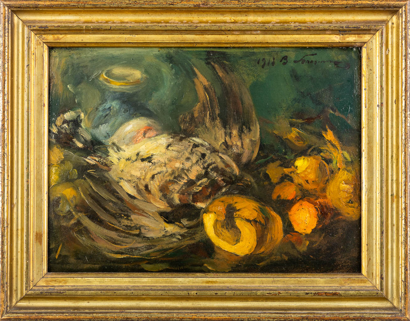 An antique still life painting with hunting trophies, oil on board. 1913. (W:45 x H:33 cm)