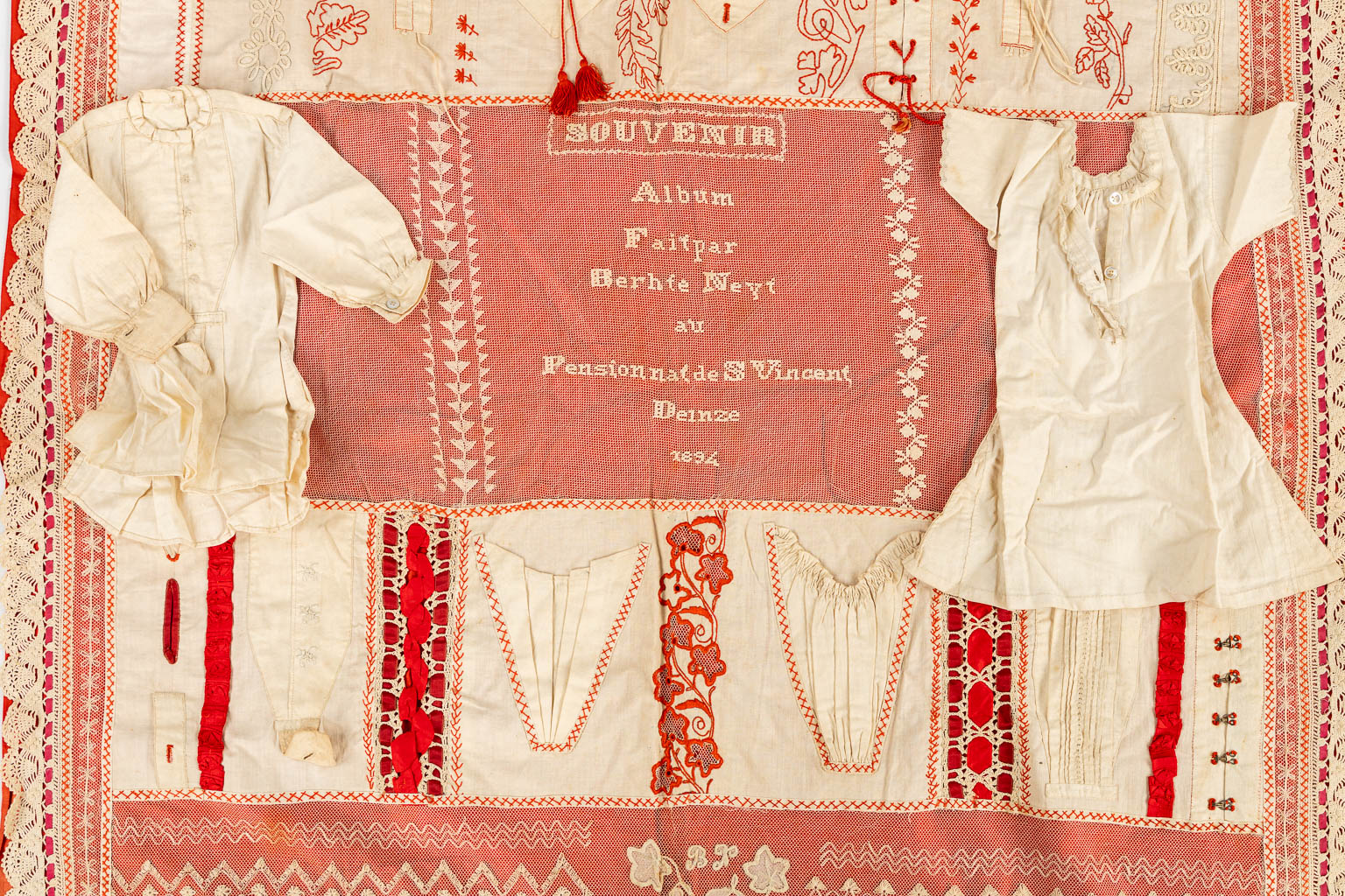 A samplework with lace, knitting and embroideries. 1894. (W:95 x H:188 cm)