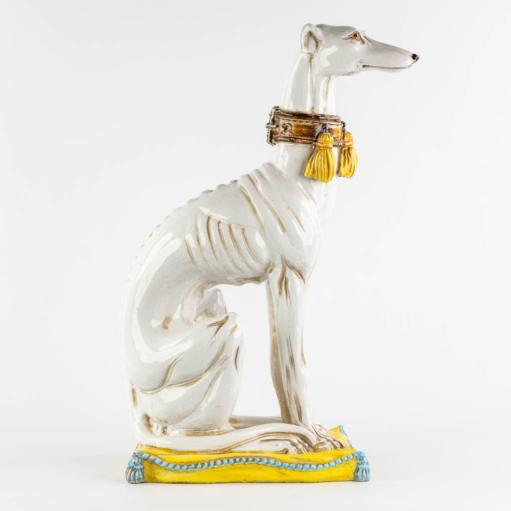 Figurine of a Greyhound, glazed terracotta. Italy, 20th C. (L:24 x W:42 x H:67 cm)