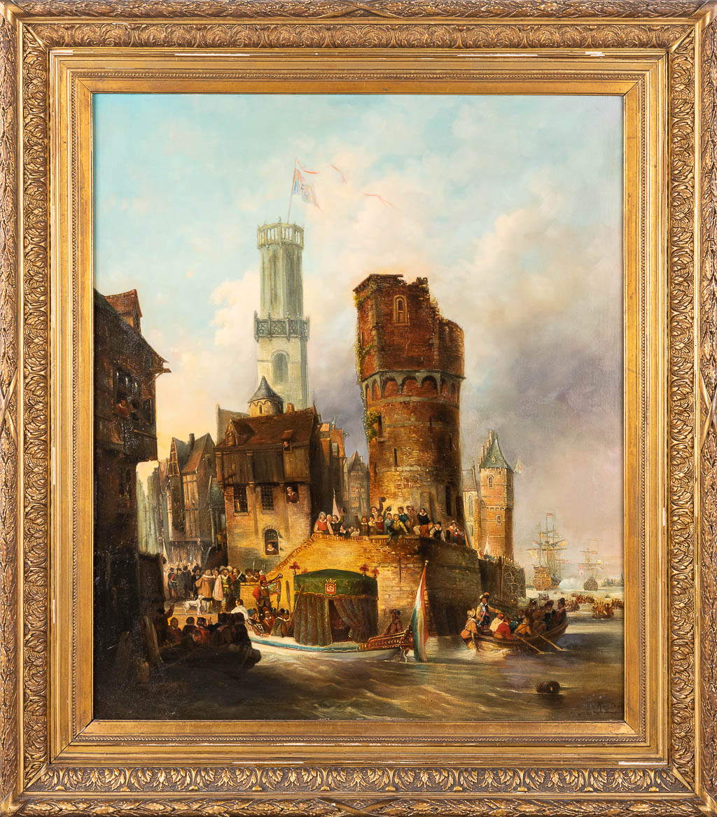 Naar Jan Michiel RUYTEN (1813-1881) 'Intrede in Nederlandse stad' olie op doek. Circa 1850. (W:82 x H:96 cm)