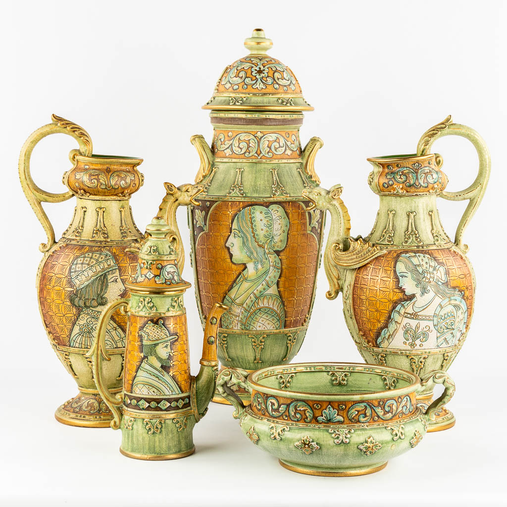 Gialetti Giulio, Five pieces of polychrome faience. Deruta, Italy. 