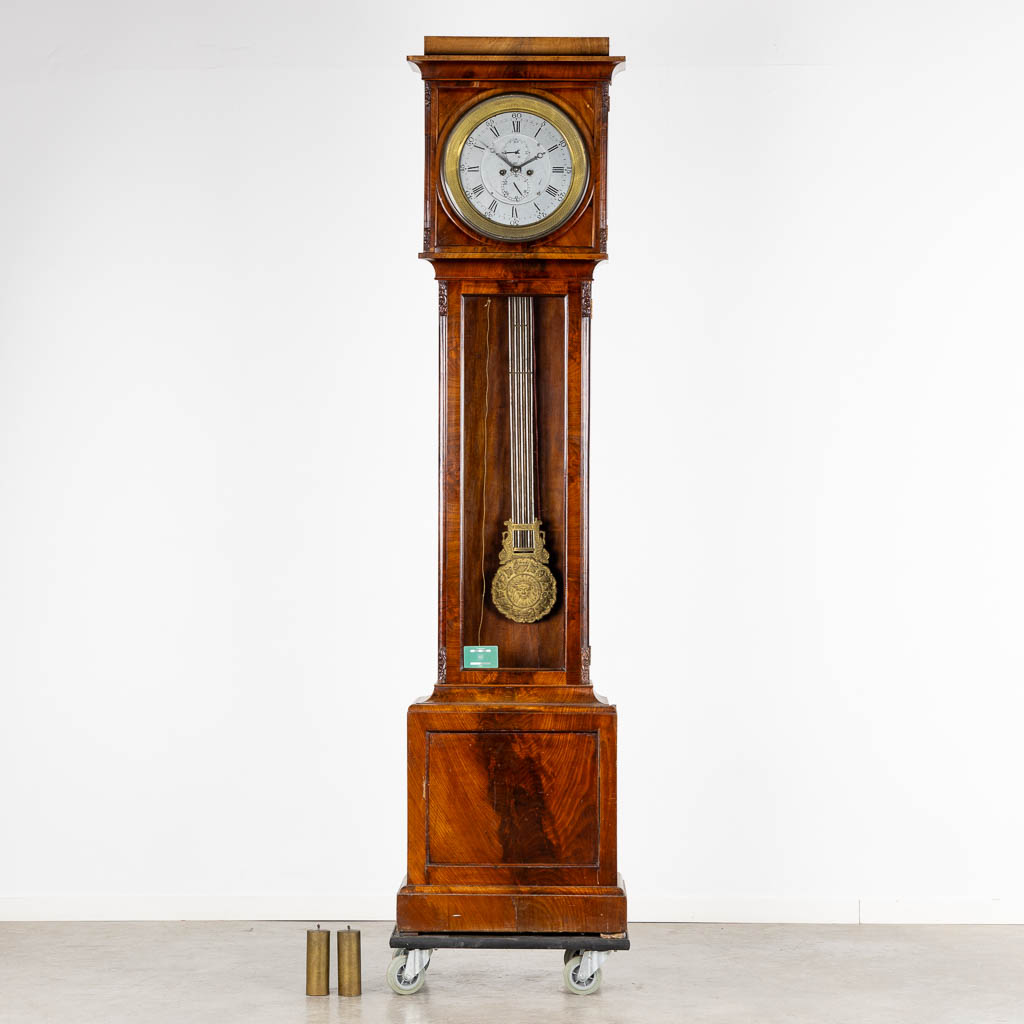 An large Grandfather clock, Compensating pendulum, Hour, seconds and date. Empire, 19th C. (L:26 x W:57 x H:220 cm)