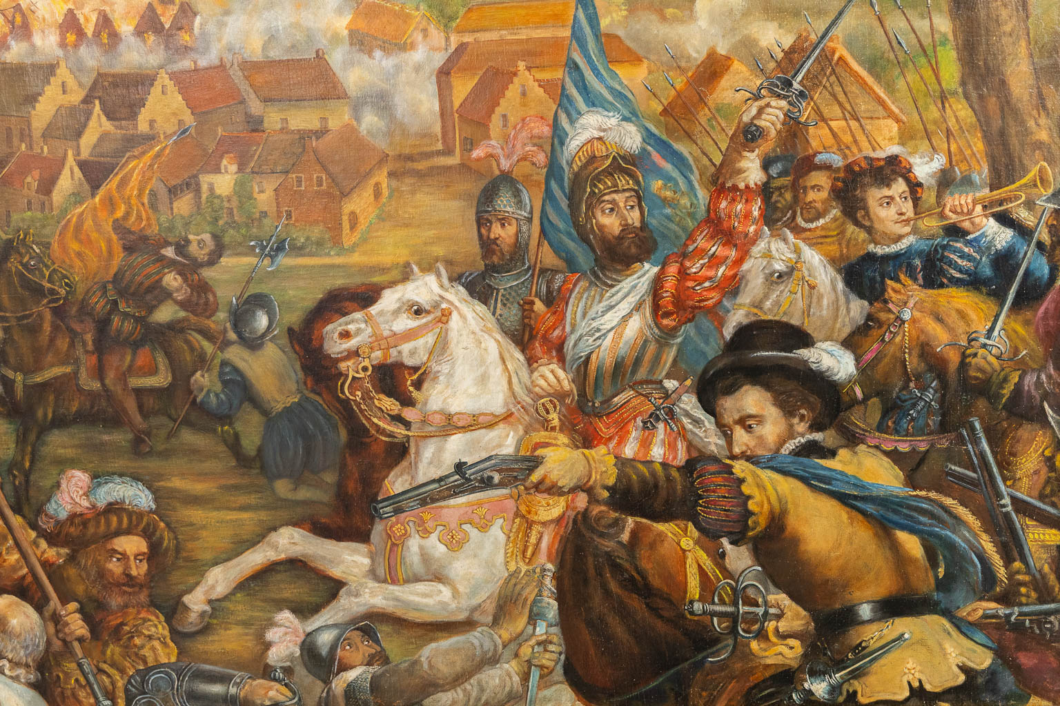 A painting of Historical subject, 'The Battle of Ingelmunster, May 10th, 1580', oil on canvas. 19th C.