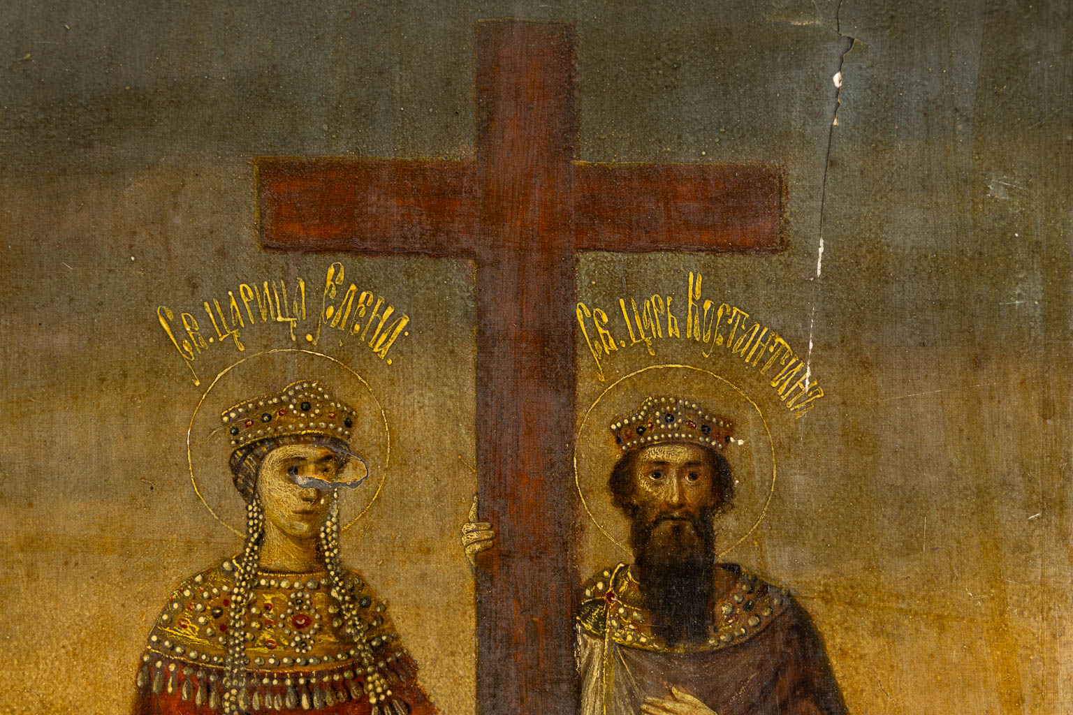 An antique Russian icon, Saints Constantine and Helena near the crucifix