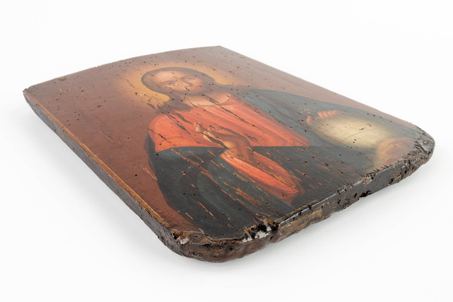 An antique Eastern European icon with an image of Salvator Mundi. 19th C. (W:24,5 x H:31 cm)