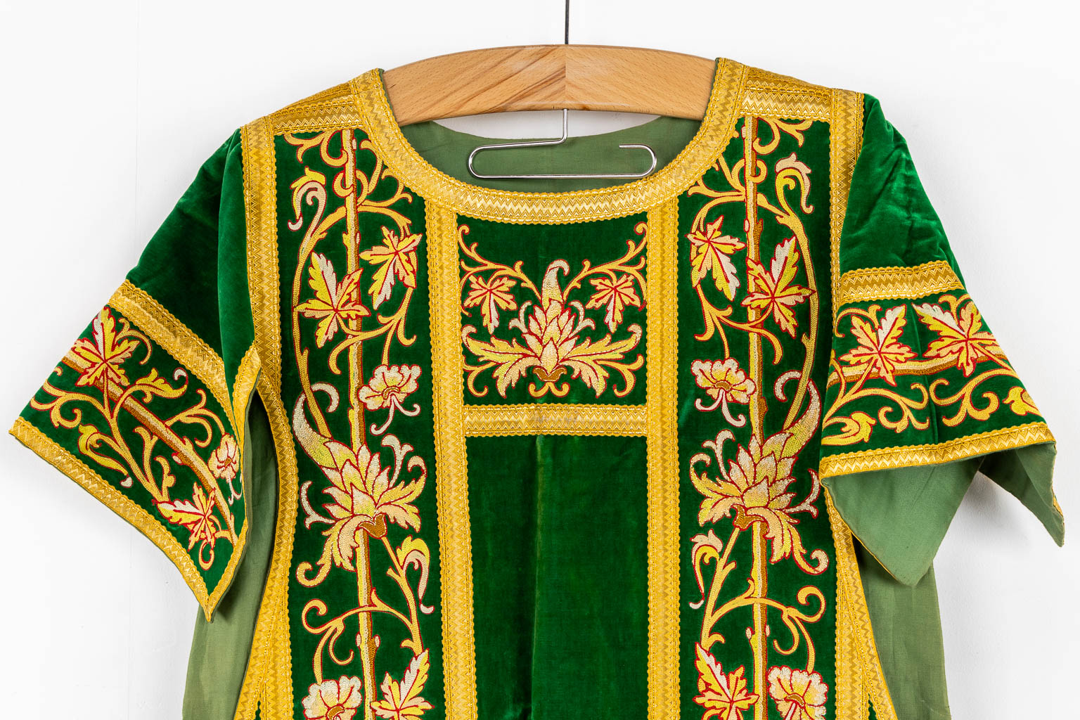 A set of Dalmatics and a Roman Chasuble, added a Chasuble and stola, maniple. Embroideries. Made around 1910.  Church use.