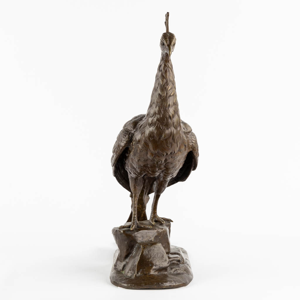 L. MAUPERTUIS (XX) A decorative figurine of a Peacock, patinated bronze. (L:17 x W:57 x H:50 cm)