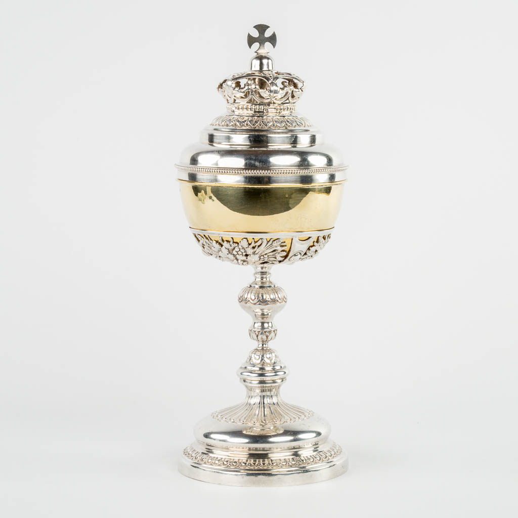 A silver-plated brass ciboria with gold-plated cuppa, and a crowned lid. (c.1900)