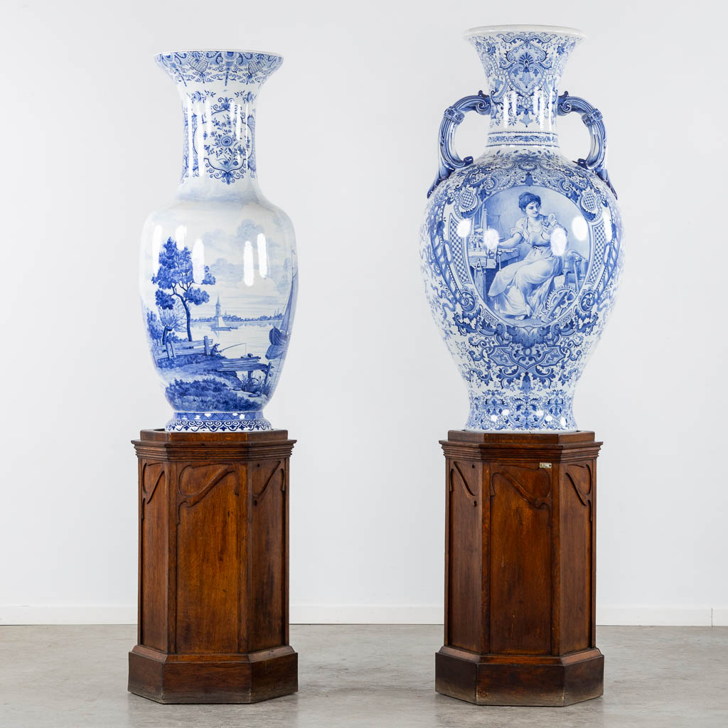 Boch Frères Keramis, two exceptional vases, glazed faience. 19th C. (H:122 x D:63 cm)