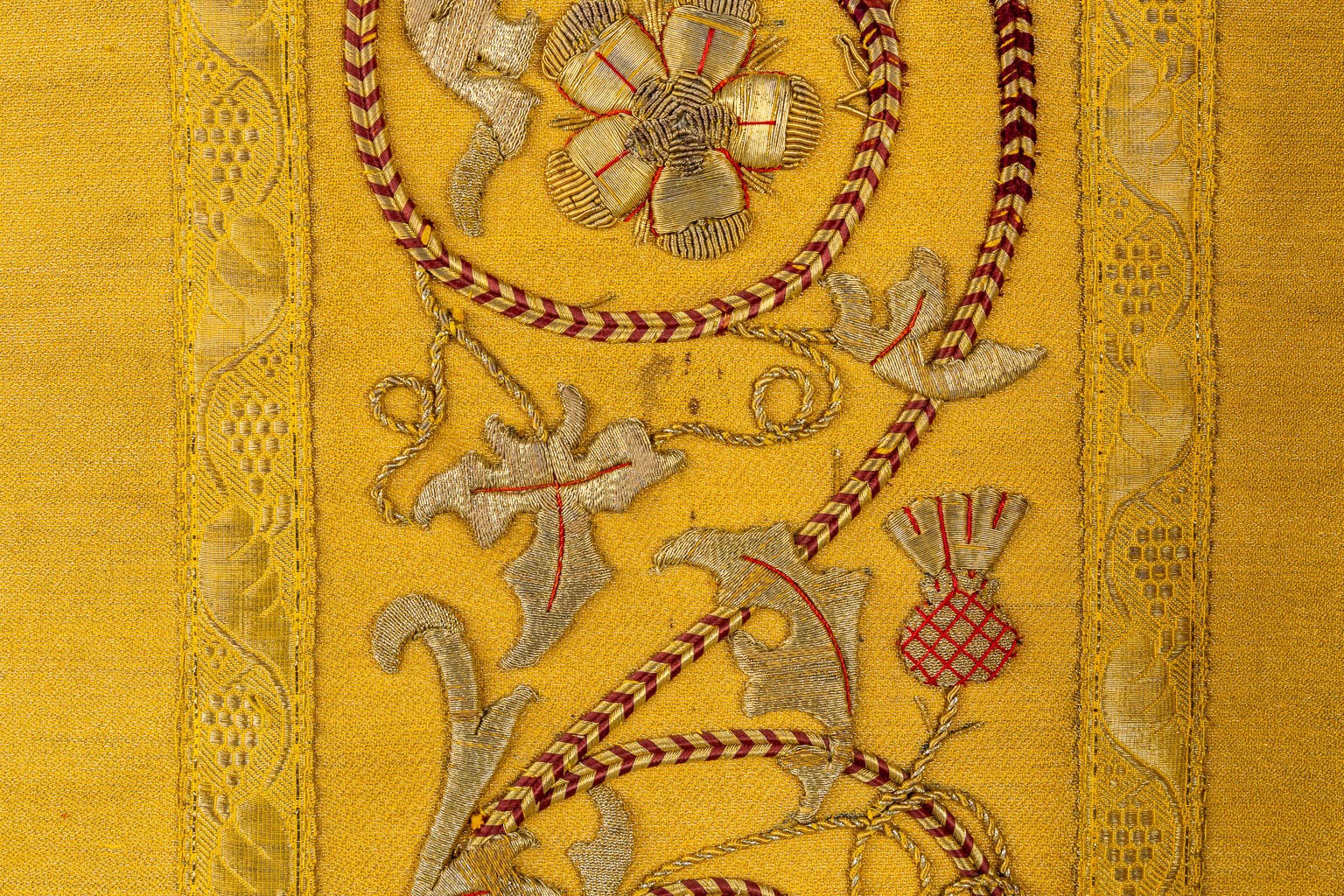 A pair of Dalmatics and three Roman Chasubles, Thick Gold Thread and embroideries.