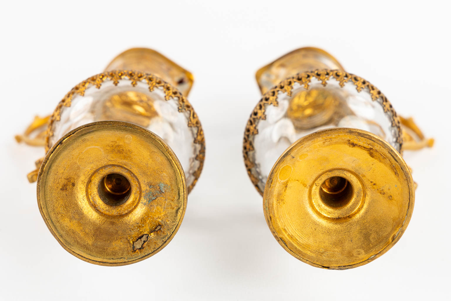 A pair of wine and water cruets, gold-plated metal and enamel. Gothic Revival. 