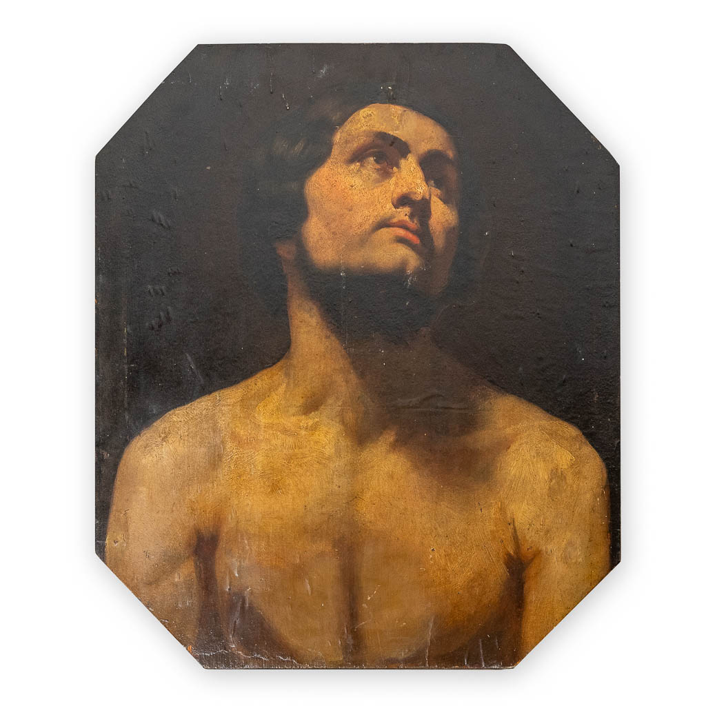 Portret van een man, olie op paneel. Italiaanse School, 19de eeuw. (L: 49 x H: 57 cm)