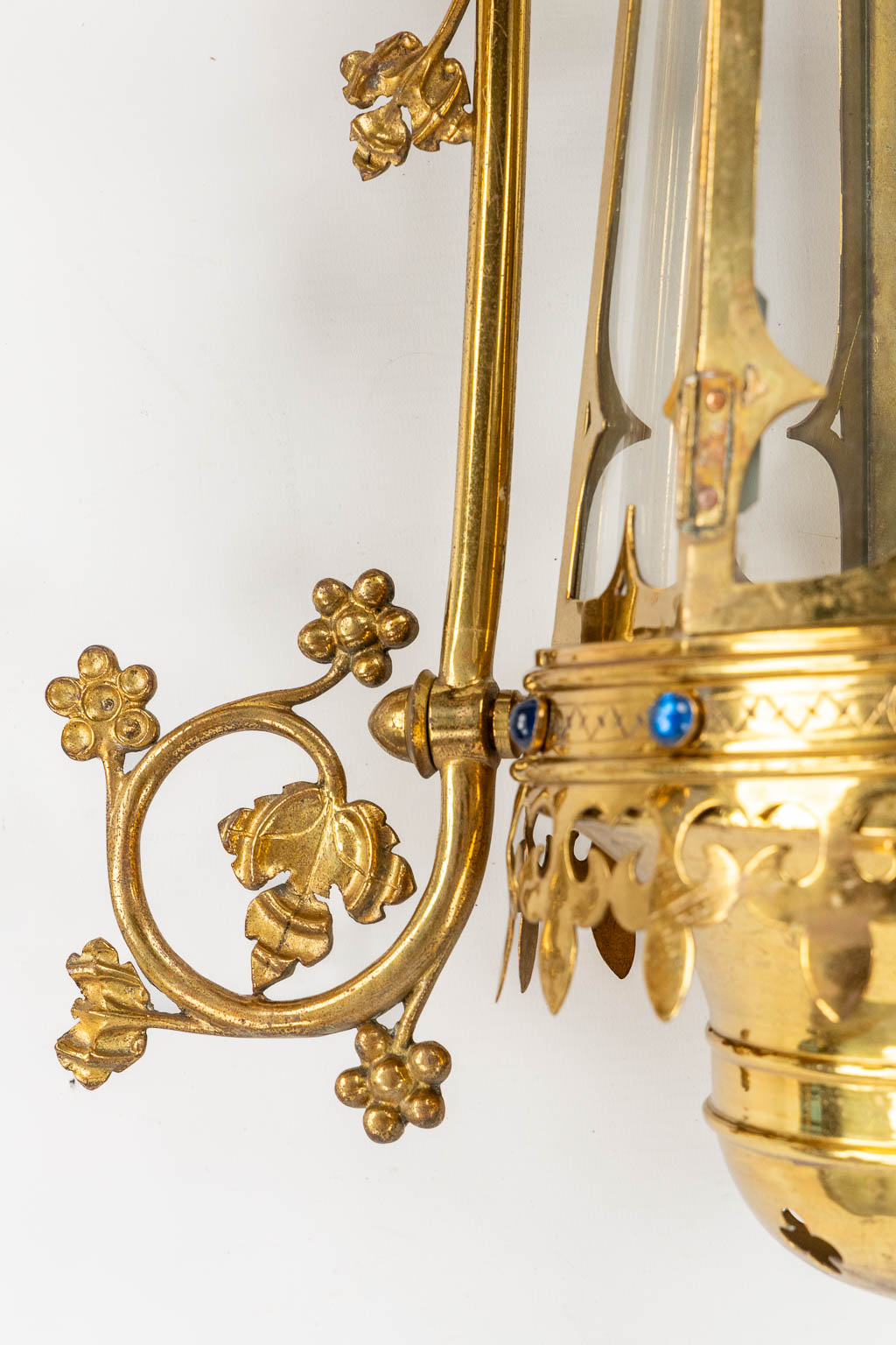 Three Processional lanterns, brass finished with cabochons, Gothic Revival. (W:48 x H:82 cm)