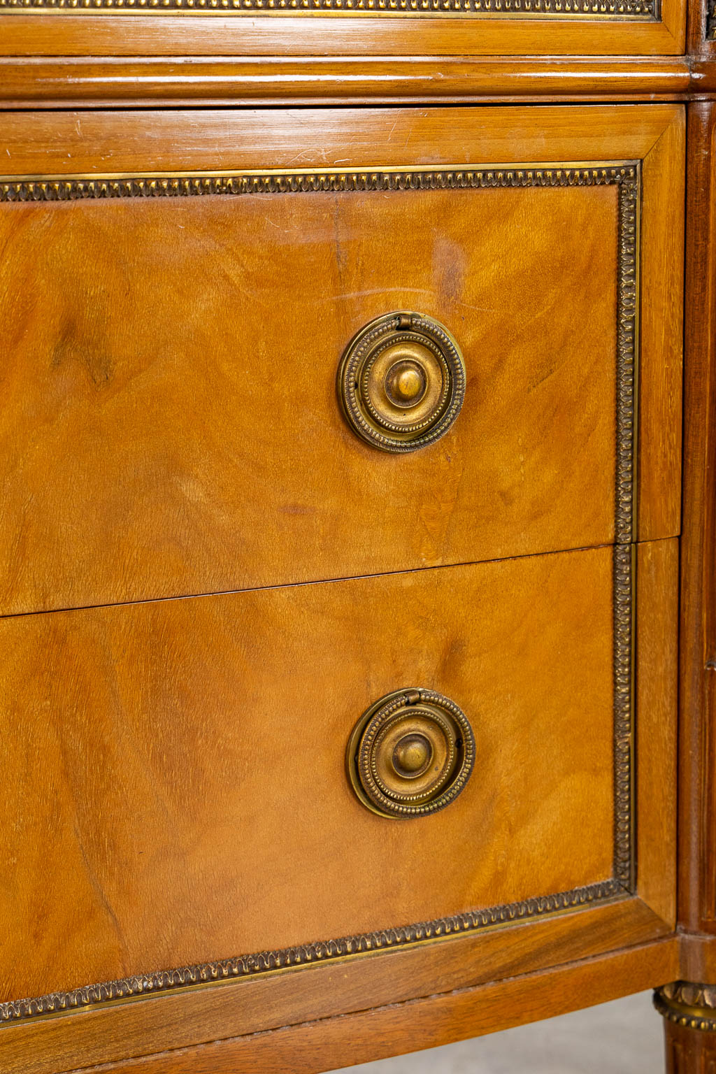 A console table with three drawers, marble top. Louis XVI style. (L:43 x W:154 x H:92 cm)