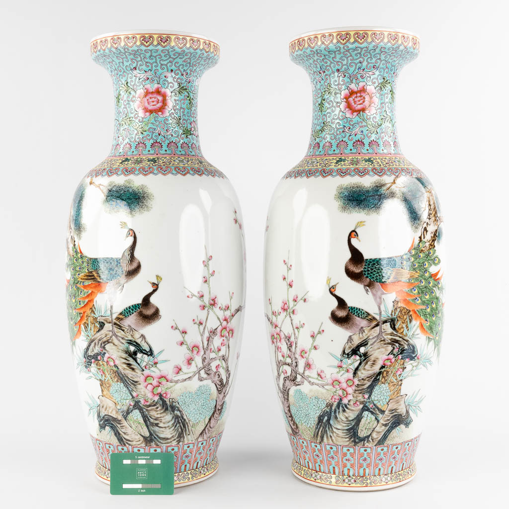 Een paar Chinese vazen met decor van pauwen, 20ste eeuw. (H:61 x D:25 cm)