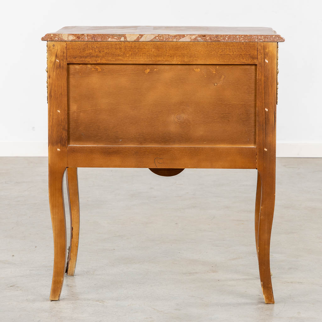 A two drawer side cabinet, marquetry inlay with a marble top. (L:39 x W:72 x H:81 cm)