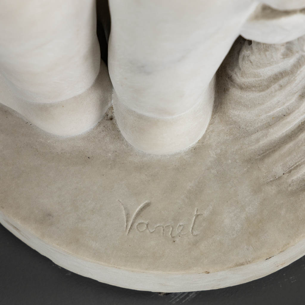 Boy with a rose, a Carrara marble sculpture, signed Vanet. 19th C. (L:35 x W:42 x H:92 cm)