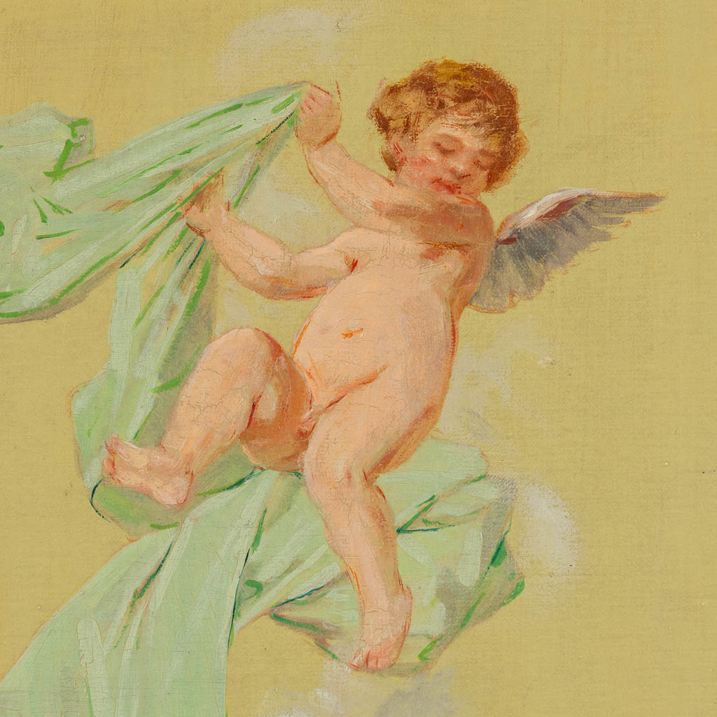 Drie decoratieve schilderijen met putti, olie op doek. 19de eeuw. (W:39 x H:52 cm)