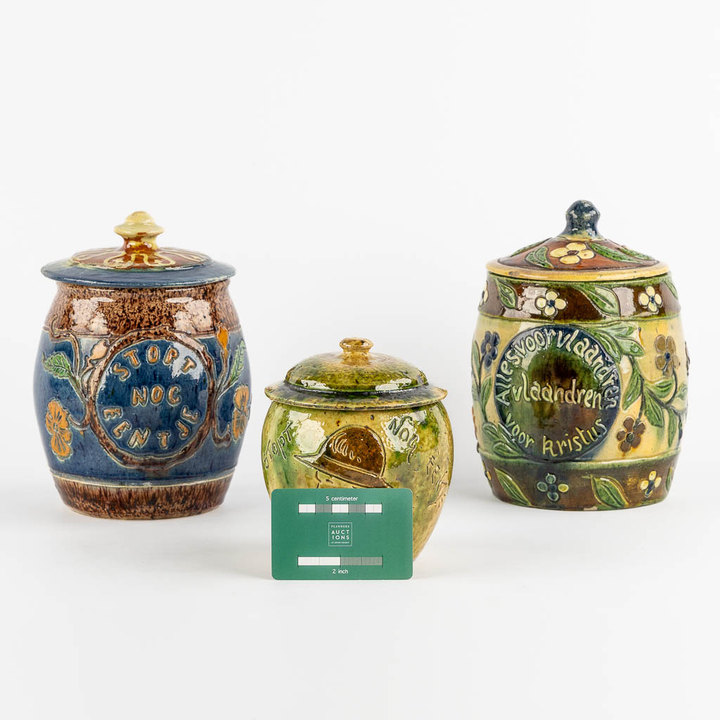 Three Flemish Earthenware Tobacco Jars. (H:20 x D:15 cm)