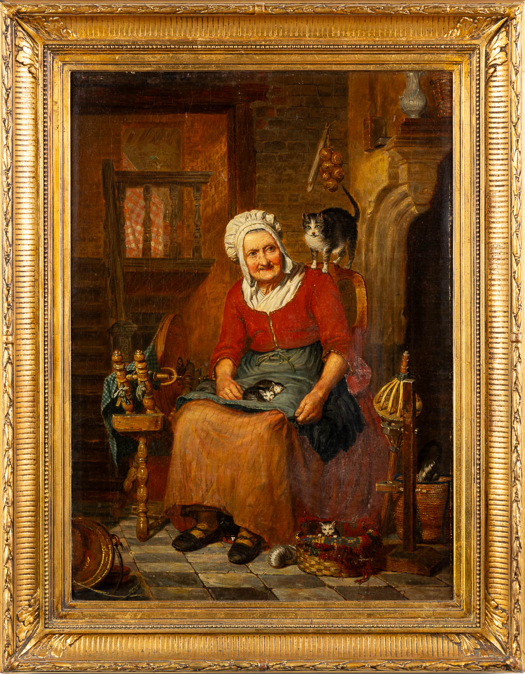 Auguste DE MERSSEMAN (1808-c.1880)(Attr.) 'Oude vrouw met haar katten' 19de eeuw. 