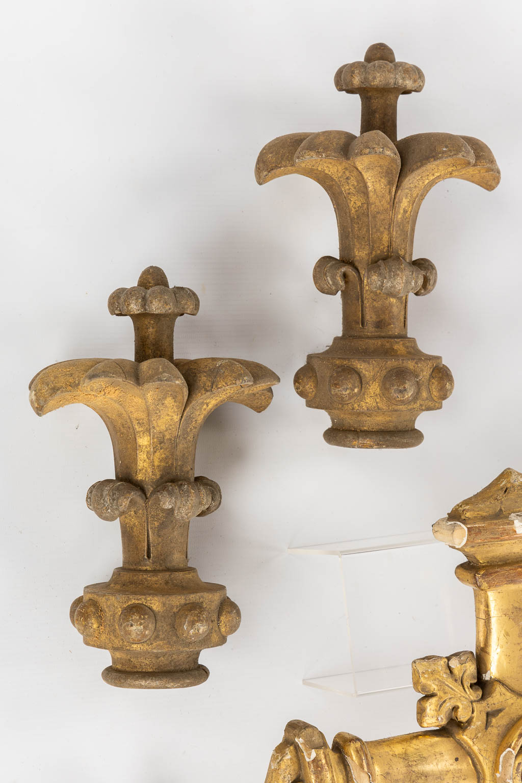 A set of antique wood-sculptured and patinated crucifixes and finials, thick silver-thread embroideries. 19th C. (W:37 x H:69 cm