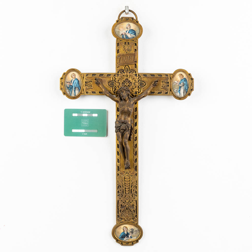 A crucifix, finely chiselled brass with 4 miniature paintings of 'The Four Evanglists'. 