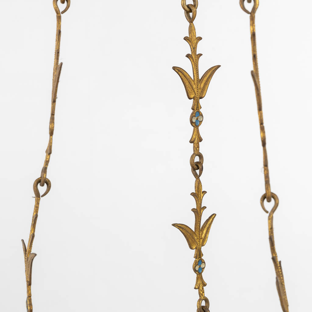 A pair of candle chandeliers, brass with enamel, Gothic Revival. (H:103 x D:42 cm)