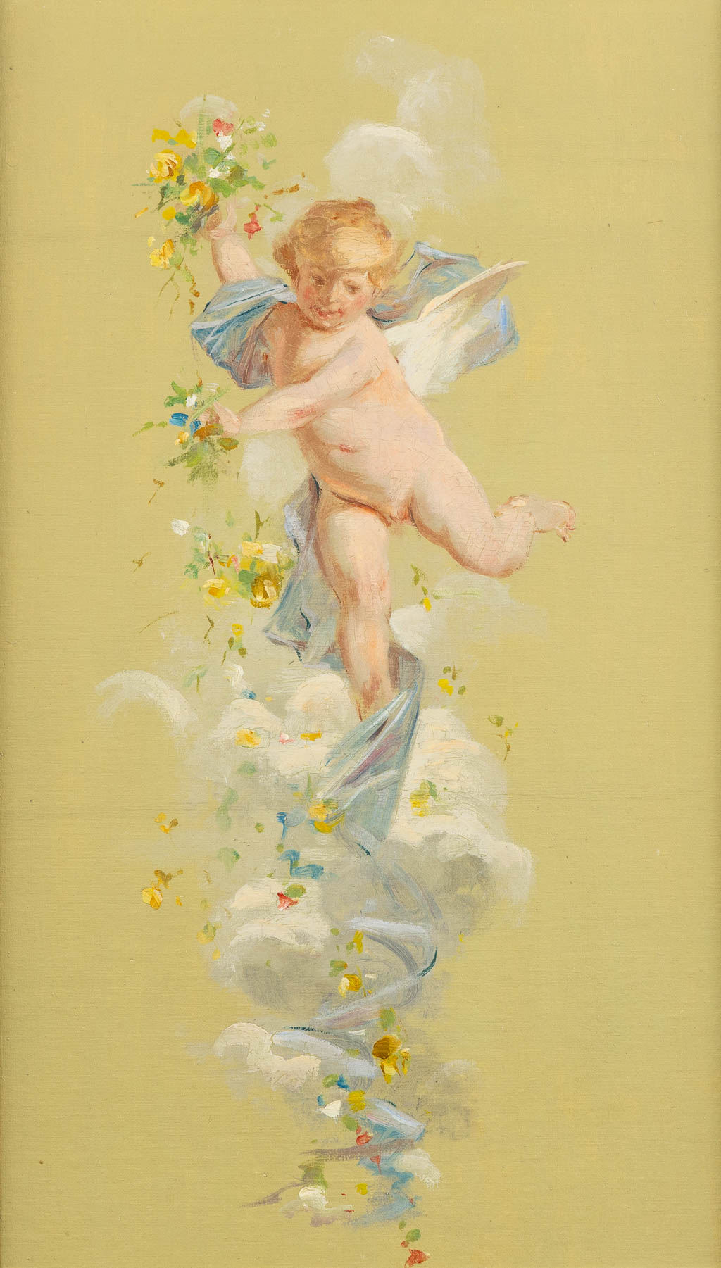 Drie decoratieve schilderijen met putti, olie op doek. 19de eeuw. (W:39 x H:52 cm)