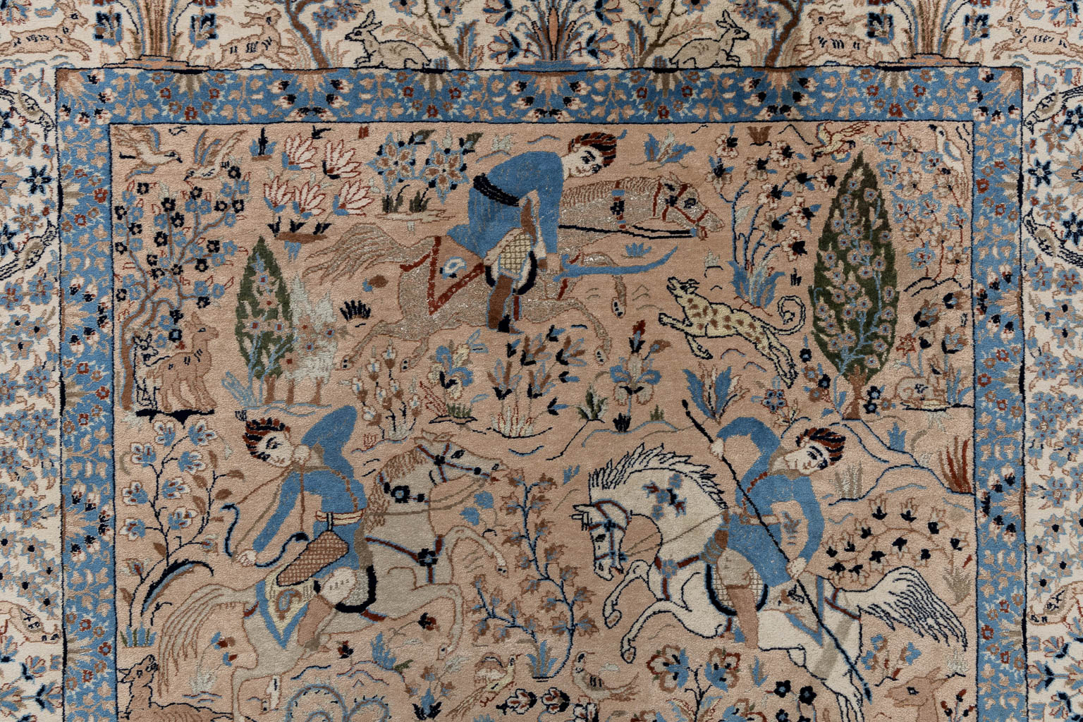 An Oriental hand-made carpet with a figurative decor, Silk, Nahin.  (W:147 x H:240 cm)