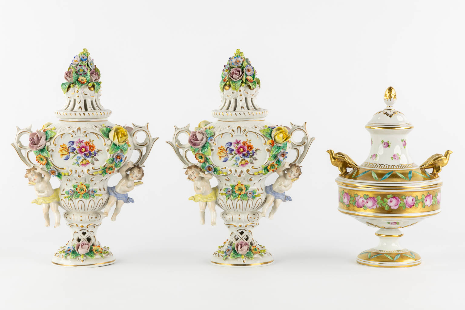 Dresden and Sitzendorf, three pieces of polychrome porcelain. Saxony, Germany. (L:11 x W:20 x H:29 cm)