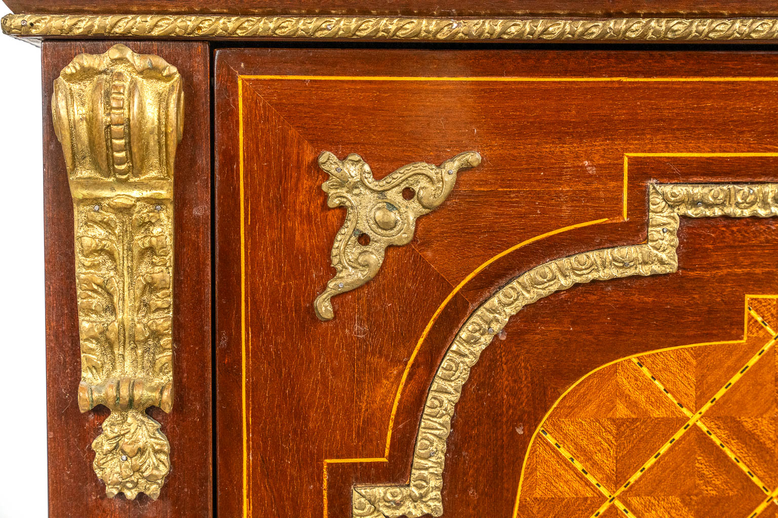 A single door cabinet, marquetry inlay mounted with bronze. 20th C. 