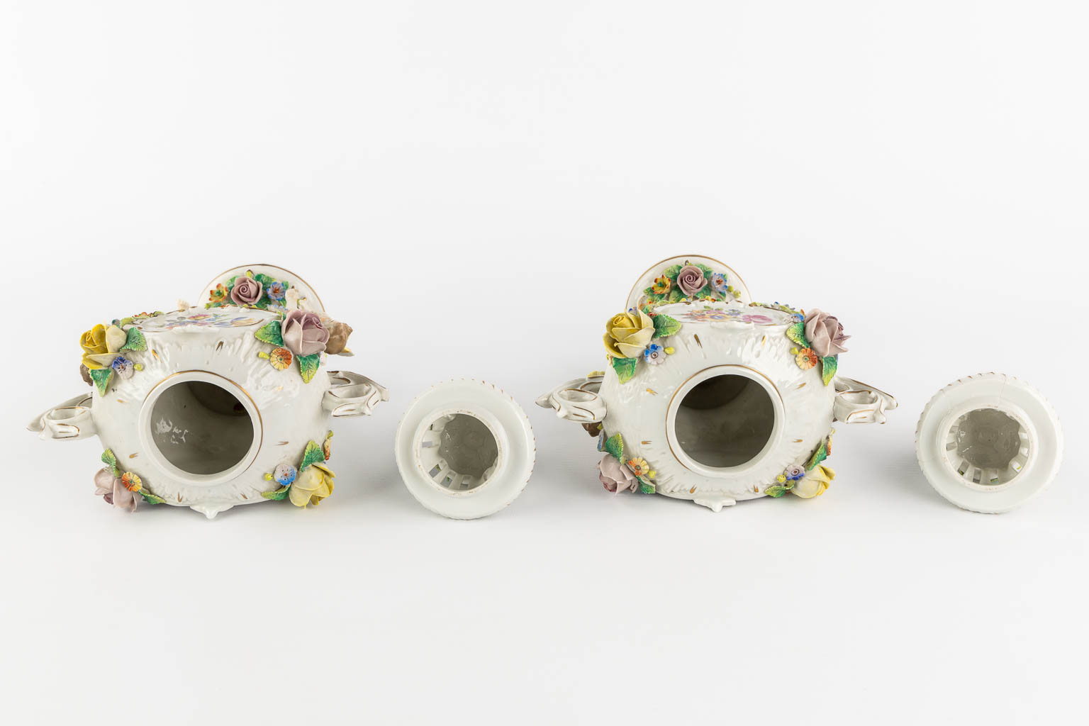 Dresden and Sitzendorf, three pieces of polychrome porcelain. Saxony, Germany. (L:11 x W:20 x H:29 cm)