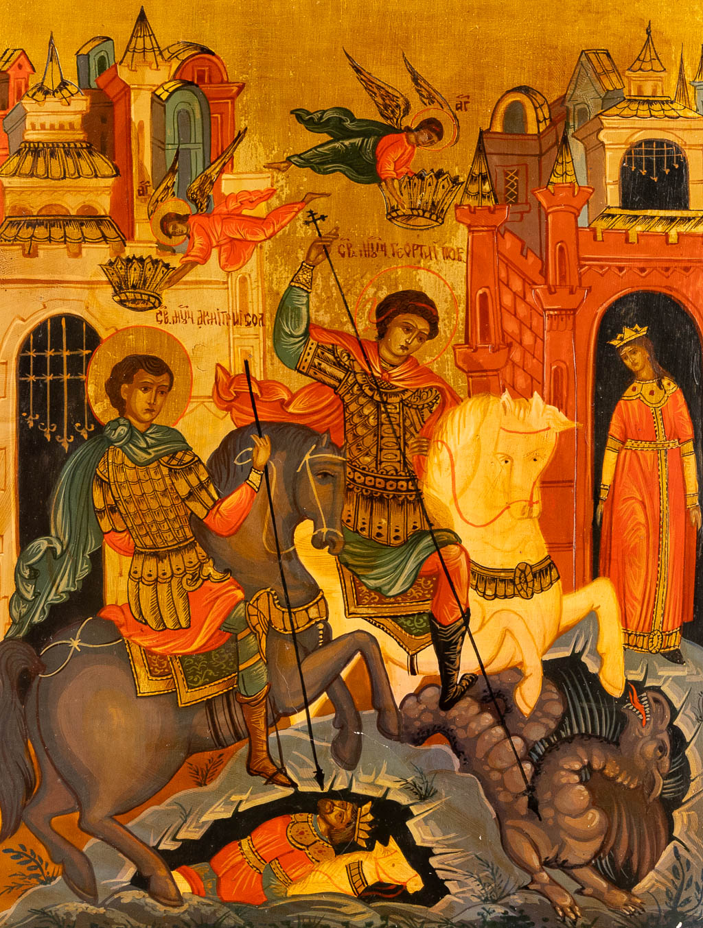 An antique Russian Icon, Saint George and Demetrius, 20th C. (W:25,5 x H:32,5 cm)