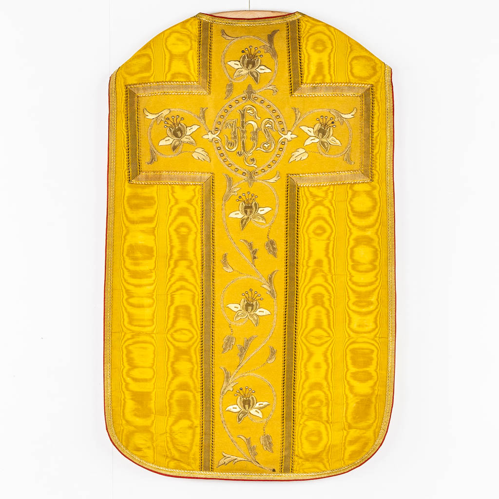 A pair of Dalmatics and three Roman Chasubles, Thick Gold Thread and embroideries.