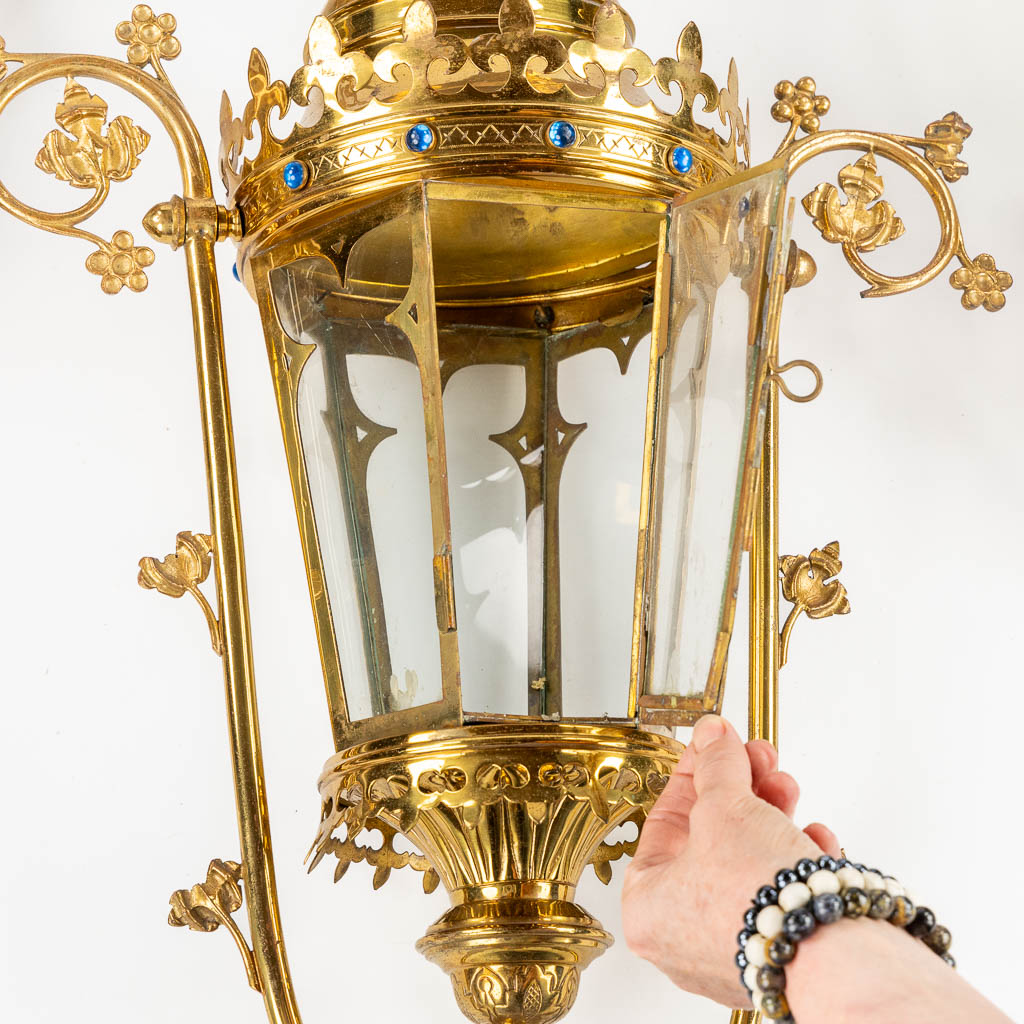 Three Processional lanterns, brass finished with cabochons, Gothic Revival. (W:48 x H:82 cm)