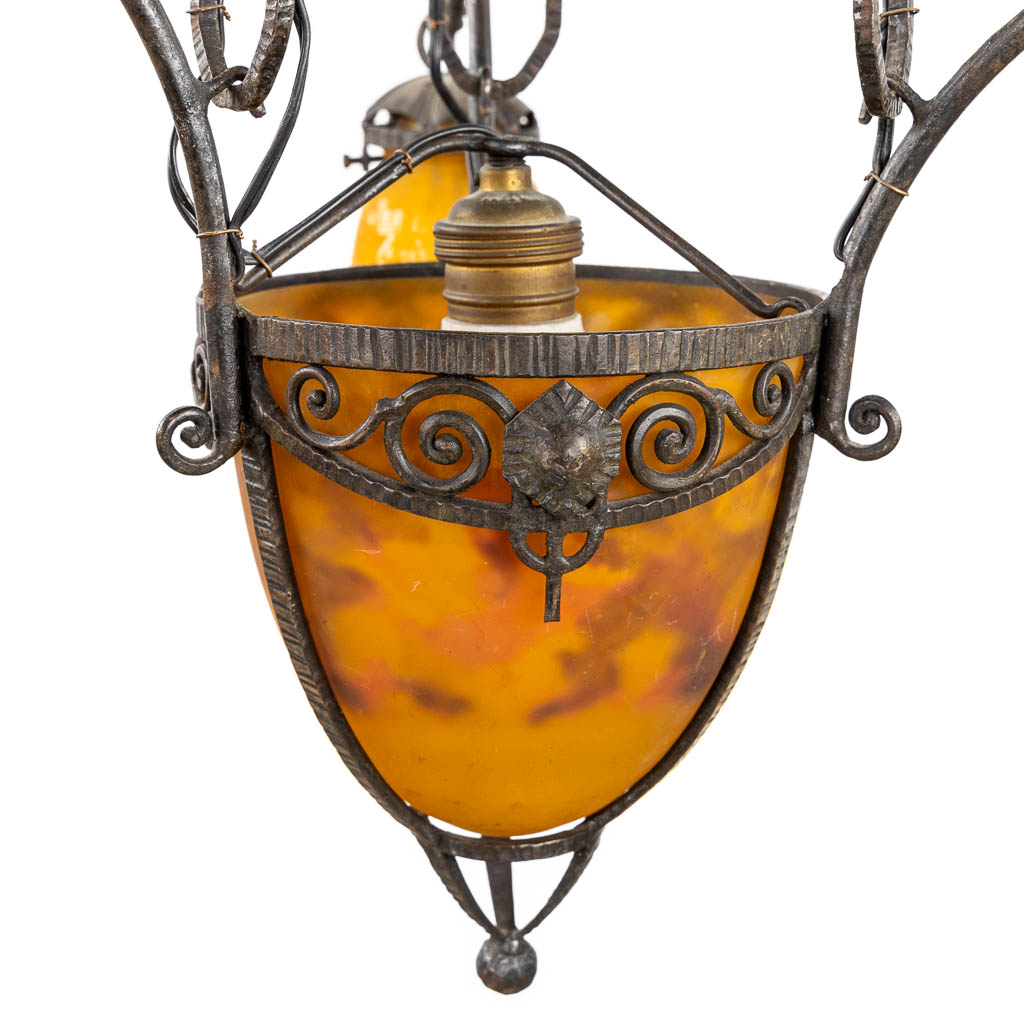 Muller Frères Luneville, a pâte-de-verre chandelier, glass and wrought iron. (H:78 x D:45 cm)