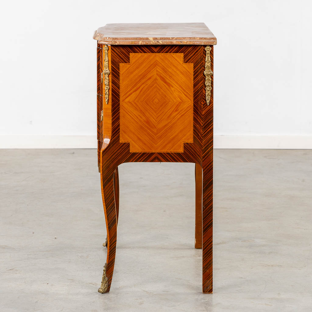 A two drawer side cabinet, marquetry inlay with a marble top. (L:39 x W:72 x H:81 cm)