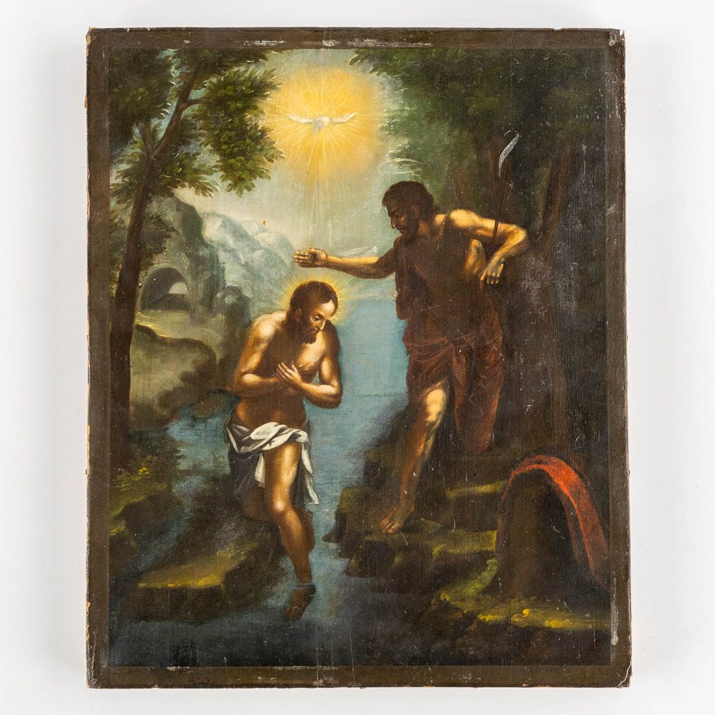 An antique icon 'The Baptism of Jesus Christ', 17th or 18th C. (W:26 x H:31,5 cm)