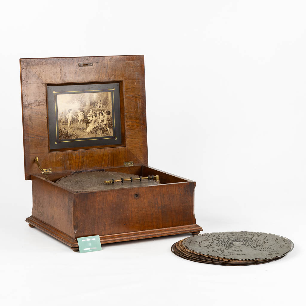 Polyphon, a music box in a wood chest. 10 records. (L:47 x W:54 x H:23 cm)