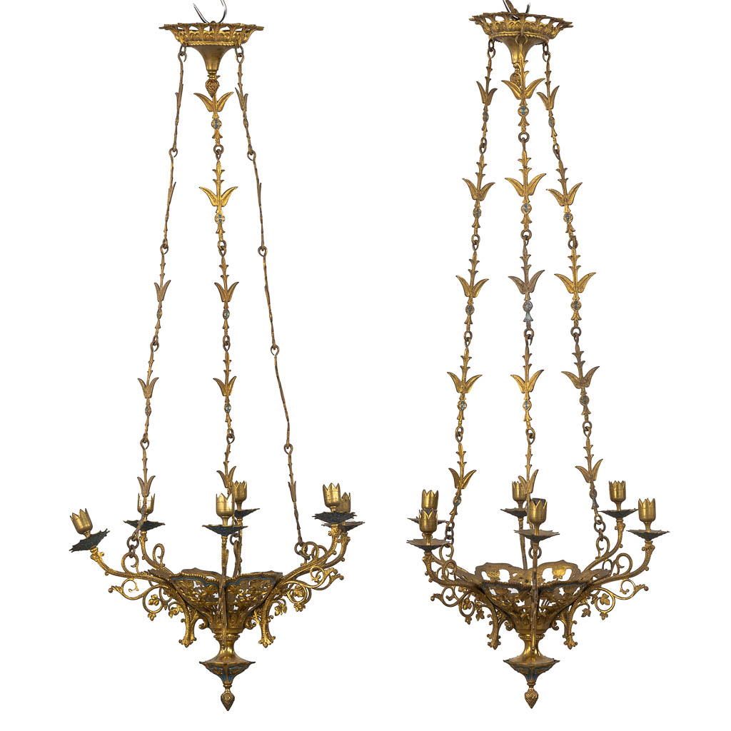 A pair of candle chandeliers, brass with enamel, Gothic Revival. (H:103 x D:42 cm)