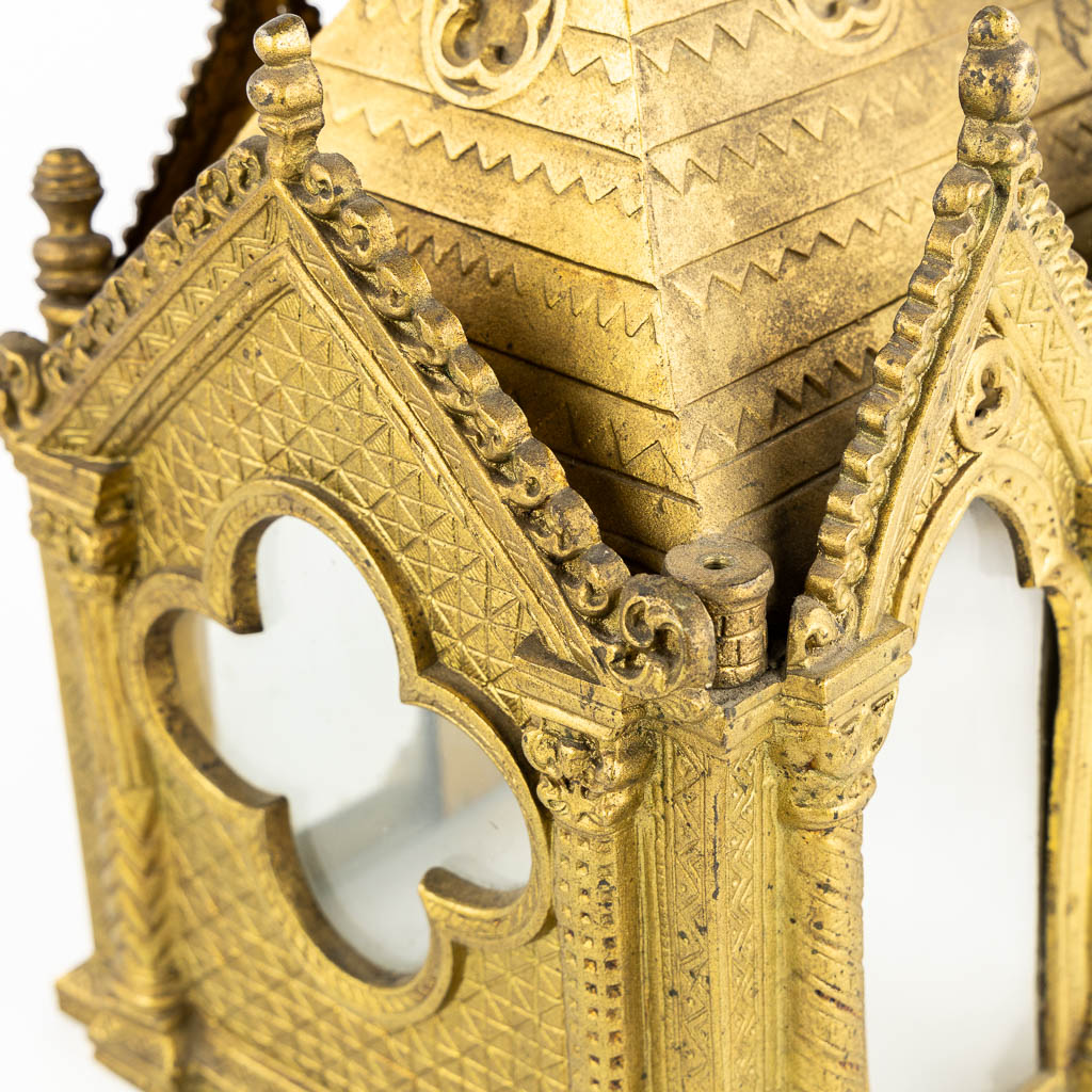 A Reliquary Shrine shaped like a Gothic Revival chapel, gilt bronze.