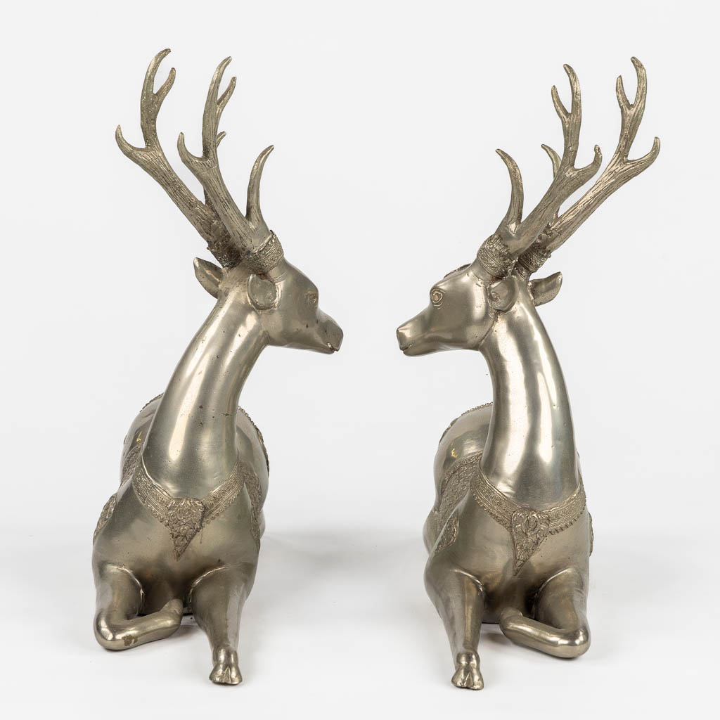 A pair of resting Temple Deer, silver-plated bronze. Circa 1970. (L:22 x W:51 x H:51 cm)