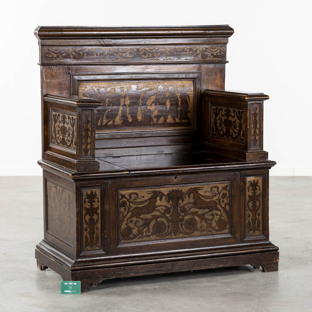 A hall-bench, Austria or Italian Renaissance, 19th C. . (L:54 x W:100 x H:114 cm)