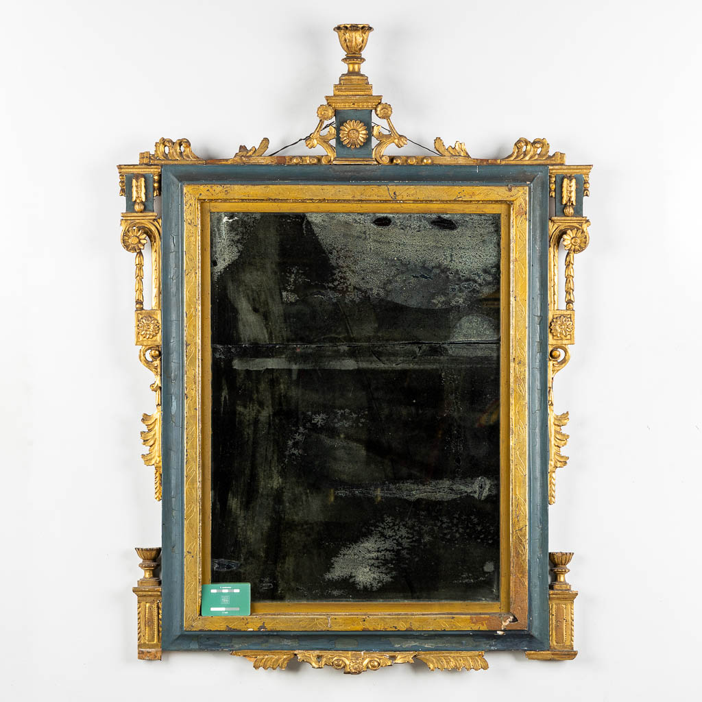 An antique mirror, gilt and patinated wood, late 18th, early 19th C. (W:84 x H:114 cm)