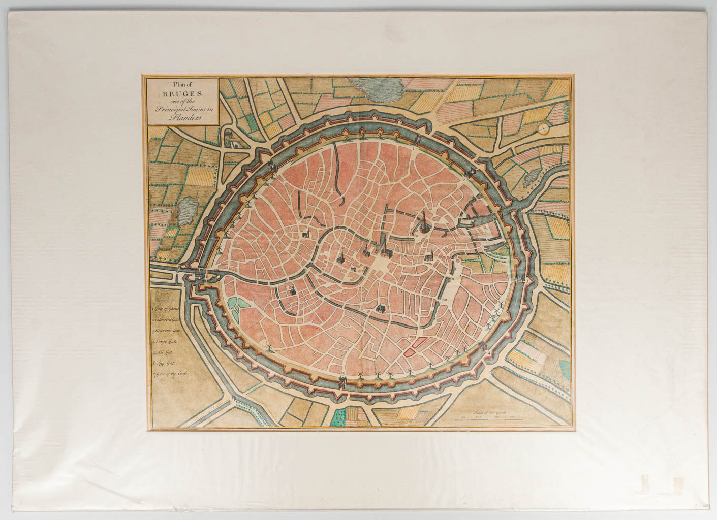 Tindall / Rapin 'Brugge, één van de vooraanstaande steden in Vlaanderen', een landkaart van Brugge. Rond 1750