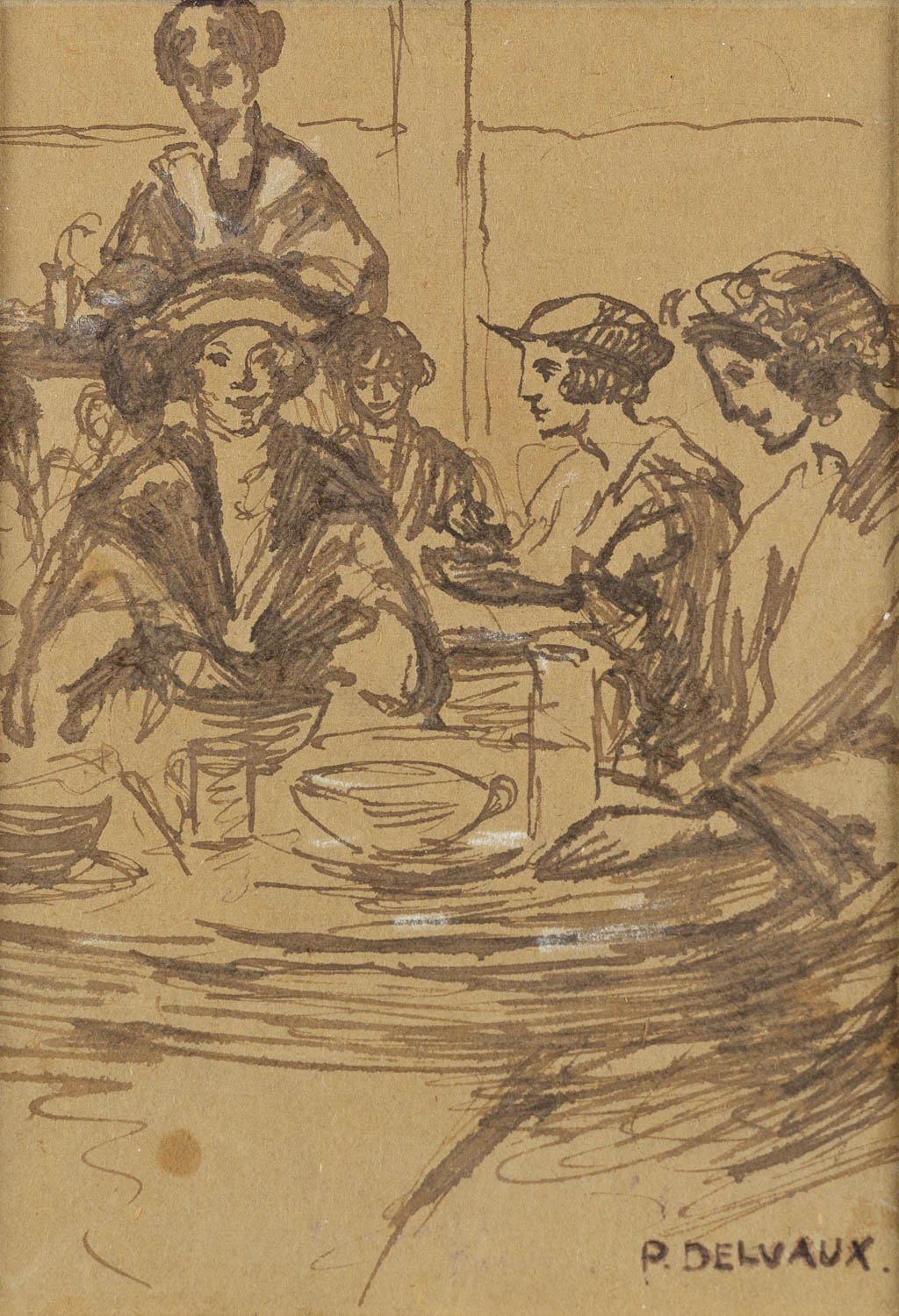 Paul DELVAUX (1897-1994)(Attr.) 'Dames aan tafel'. (W:10 x H:14,5 cm)