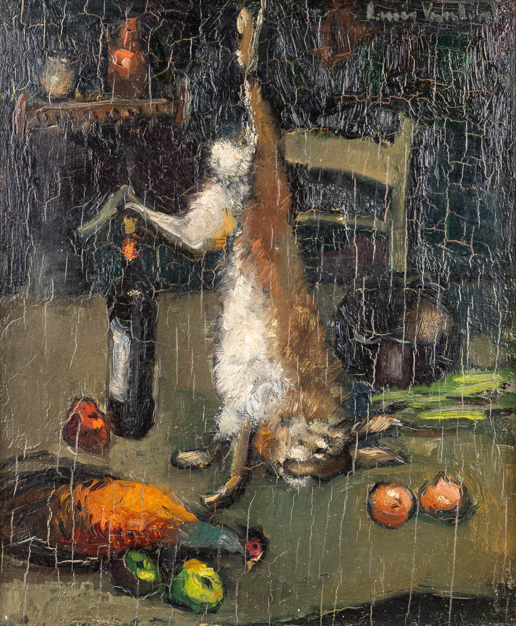 Louis VAN LINT (XIX-XX) 'Nature morte with a hare' a still life painting, oil on panel.